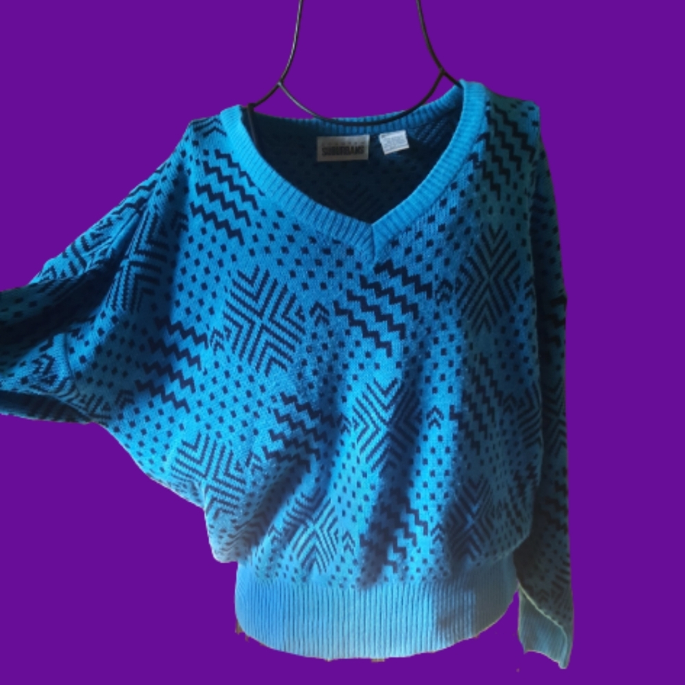 1980s V Neck Teal Geometric Sweater by Country Suburbans